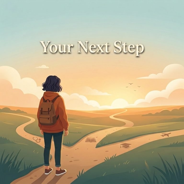 Student standing at a crossroads path after MDCAT result, symbolizing next steps and alternative career options in Pakistan